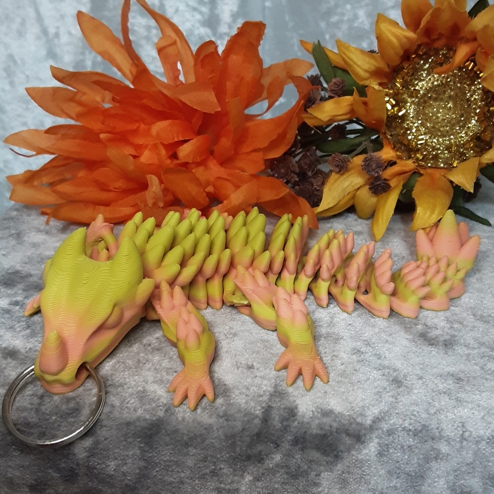 Handmade Articulated 7" Dragon Keychain 3D Printed Yellow Peach